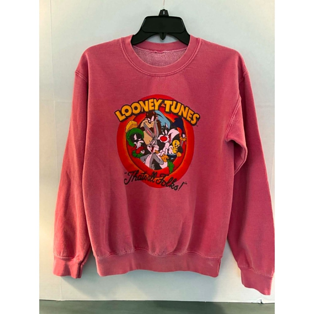 Looney Tunes Thats All‎ Folks Pink Crewneck Sweatshirt Womens Oversized Graphic